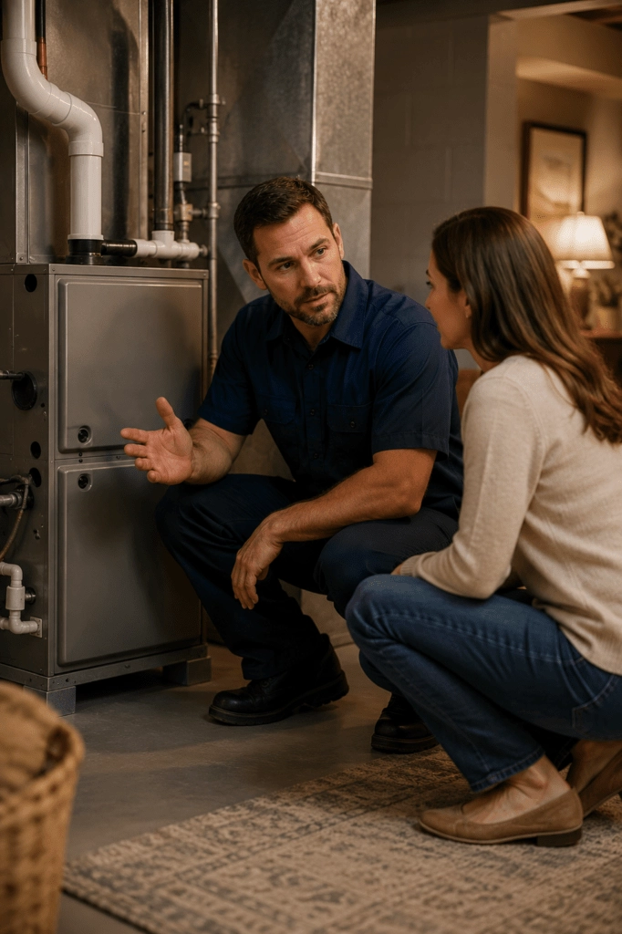 classic comfort technician consulting homeowner furnace