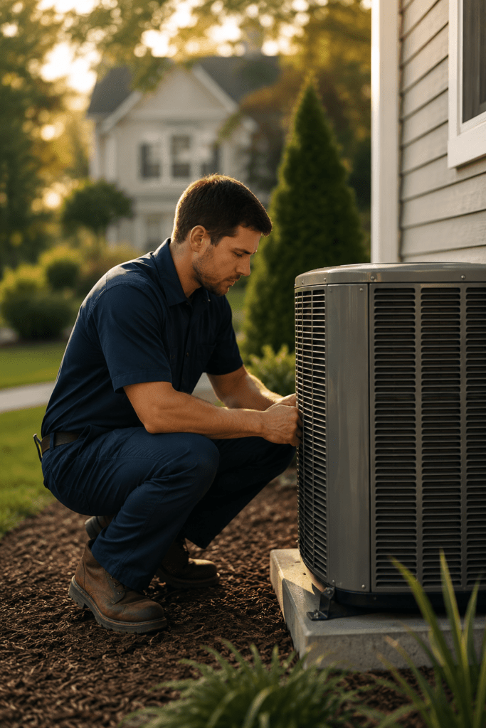 classic-comfort-technician-servicing-ac-condenser-sunset