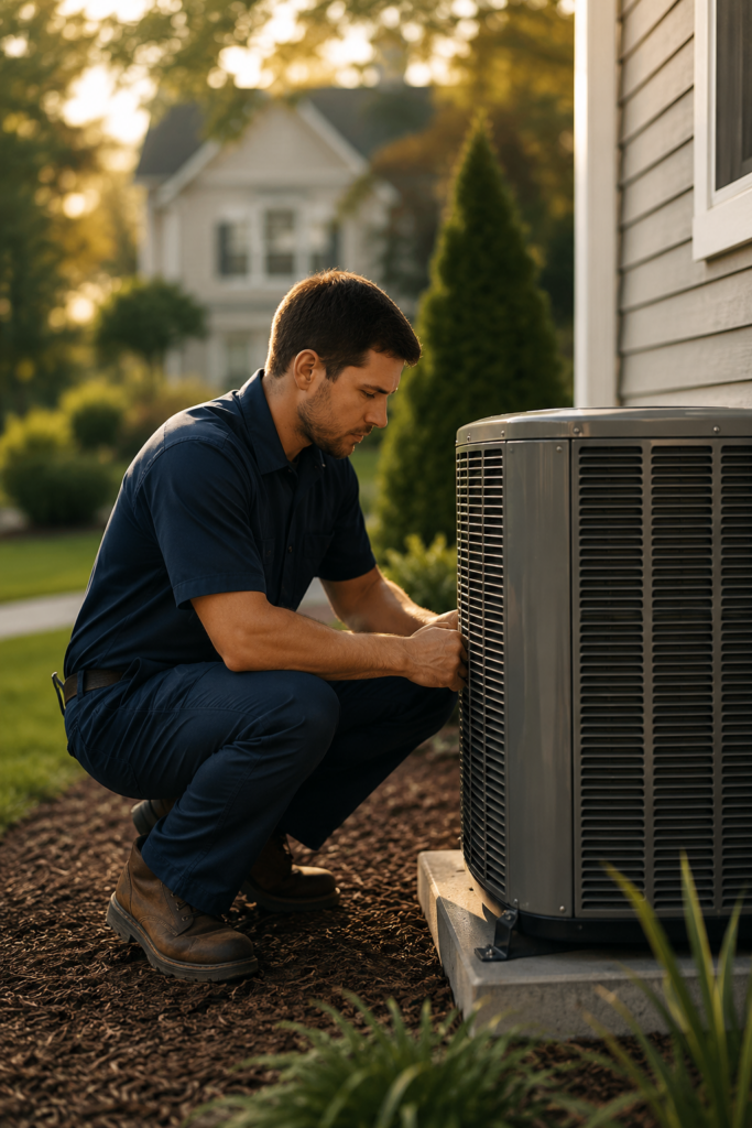 classic-comfort-technician-servicing-ac-condenser-sunset
